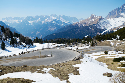 The Prato Piazza snow-covered road at 2000 meters height