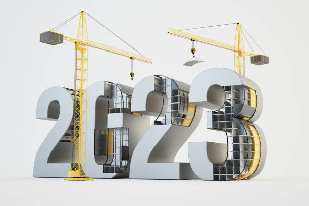 2023 and cranes, 3d illustration