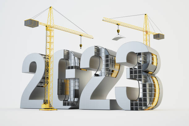 2023 i żurawie, ilustracja 3d - new years party time zdjęcia i obrazy z banku zdjęć