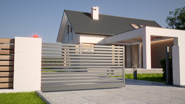 Automatic Sliding Gate and house Gate and house 3D illustration gate stock pictures, royalty-free photos & images