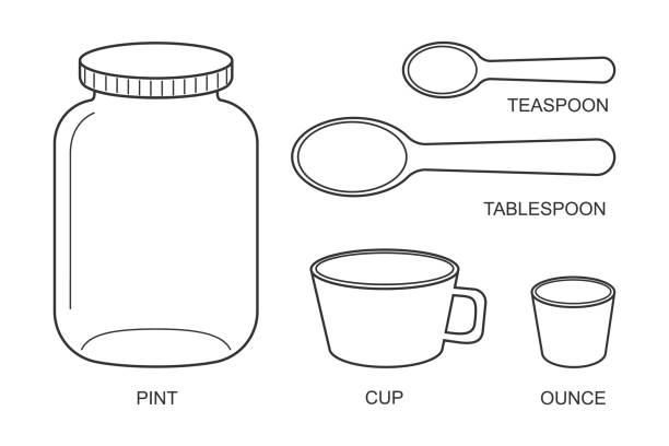핀트, 컵, 온스, 큰 스푼, 티스푼 아이콘. 요리 측정의 기본 주방 메트릭 단위. 가장 일반적으로 사용되는 부피 �측정, 액체의 무게 - 테이블스푼 stock illustrations