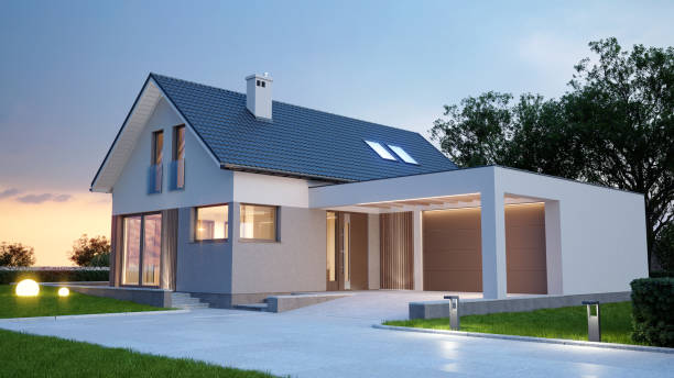 maison de famille, illustration 3d - detached house contemporary house villa photos et images de collection