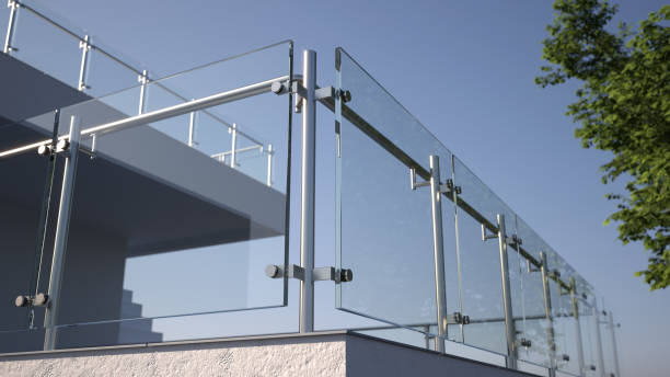 barandilla moderna de acero inoxidable con panel de vidrio y casa, ilustración 3d - balaustrade fotografías e imágenes de stock