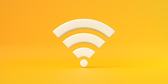 White wireless network symbol on yellow background. Wi-Fi icon design concept. Wifi sign. 3d render iilustration