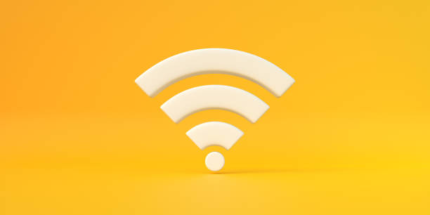 white wireless network symbol on yellow background - wifi zone imagens e fotografias de stock