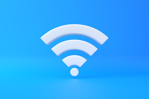 White wireless network symbol on blue background. Wi-Fi icon design concept. Wifi sign. 3d render iilustration