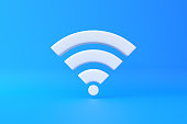 White wireless network symbol on blue background