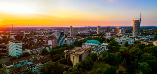 Essen cityskyline at evening time aerial view, Essen, Germany