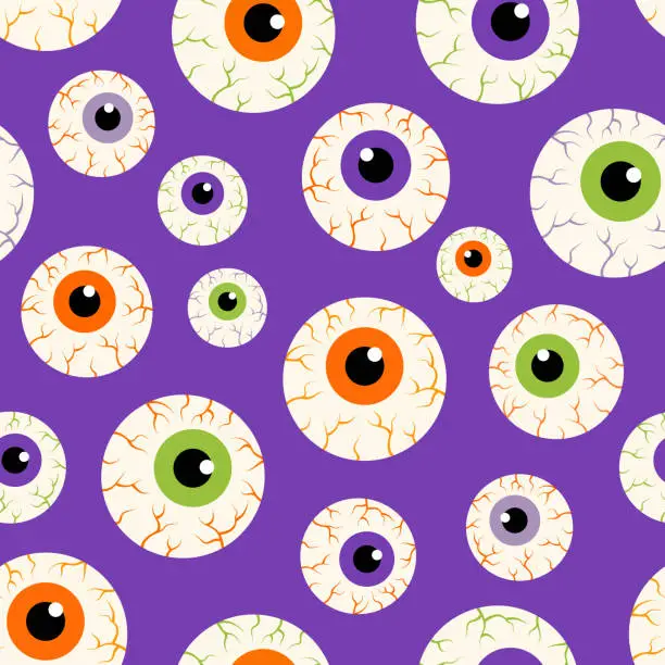 Vector illustration of Halloween Eyeballs Pattern. Eyeball Seamless Pattern On Purple Background. Creepy Cute Halloween Design.