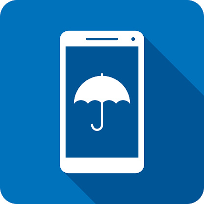 Vector illustration of a smartphone with umbrella icon against a blue background in flat style.