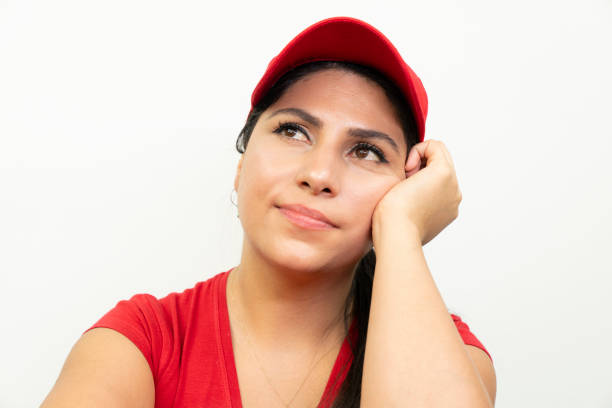 middle eastern woman with red hat, white background