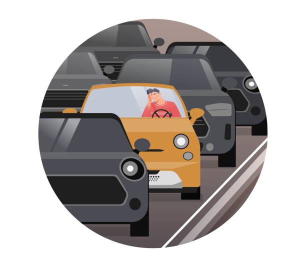 Traffic jam concept Traffic jam concept. Man in car sits and waits at traffic light, road congested with vehicles. Confused character waiting for movement feeling, bored driver. Cartoon flat vector illustration car traffic jam traffic driving stock illustrations