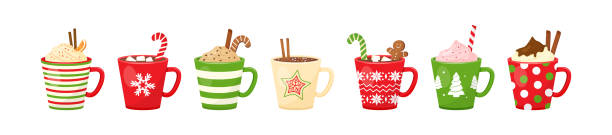 ilustrações de stock, clip art, desenhos animados e ícones de christmas hot chocolate and cocoa, cartoon mug with drink, coffee, latte and tea. holiday wwinter set. cute menu illustration - cookie christmas gingerbread man candy cane