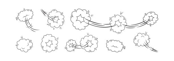 illustrazioni stock, clip art, cartoni animati e icone di tendenza di polvere di nuvola comica, fumo doodle effetto poof line vector icona. velocità e salto del vento, bolla d'aria sibilante. divertente illustrazione in bianco e nero - comic book cartoon poof exploding