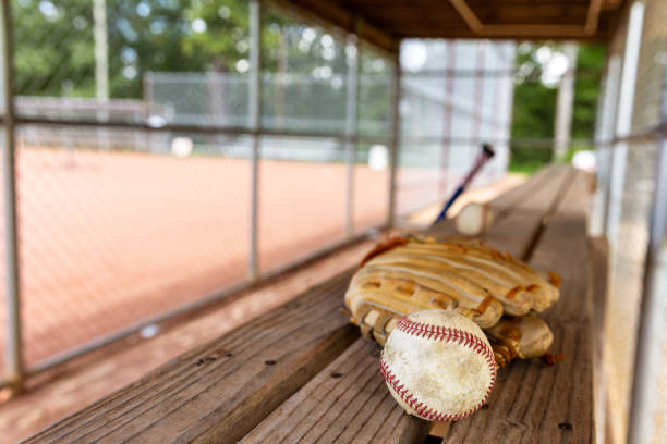 Baseball with glove on dugout bench with blurred background stock photo