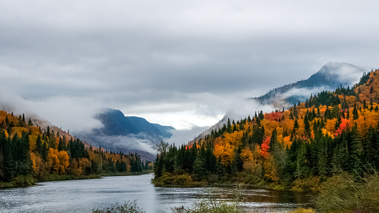 Jacques Cartier river valley, national park, at Fall on a foggy day, Quebec, Canada