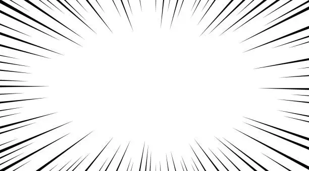 Vector illustration of Manga speed burst frame. Radial anime speed lines. Crash zoom effect for comic book. Radial lines overlay template. Manga brust frame. Cartoon boom effect. Vector illustration on white background