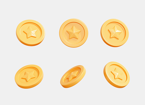 3D Gold coin set at different rotation angles. Creative design icon for game and animation isolated on white background. All rotation view. Realistic coin with star. Cartoon collection. 3D Rendering