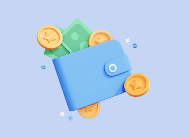 3D Wallet with dollar banknote and coin. Cash in purse. Money saving concept. Business financial investment. Online payment and cashback. Cartoon design icon isolated on blue background. 3D Rendering stock photo