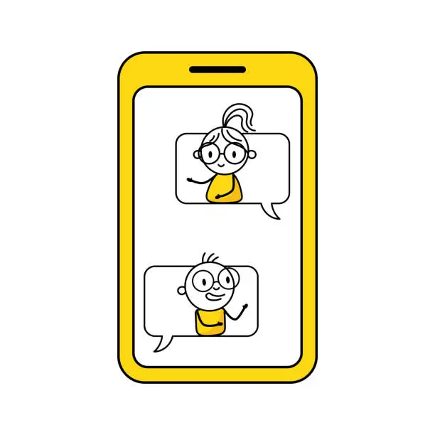 Vector illustration of Man and woman are looks out of chat bubbles and talking to each other. Communication and social media concept. Vector stock illustration