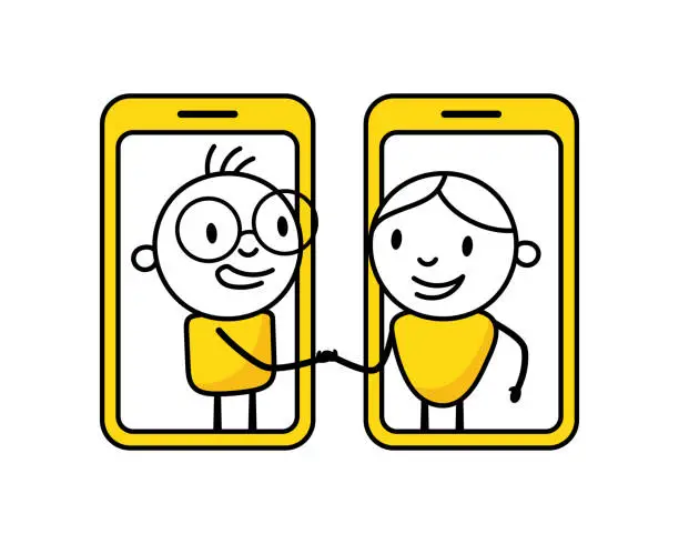 Vector illustration of Men shaking hands through smartphone screen. Handshake of business partners. Vector stock illustration