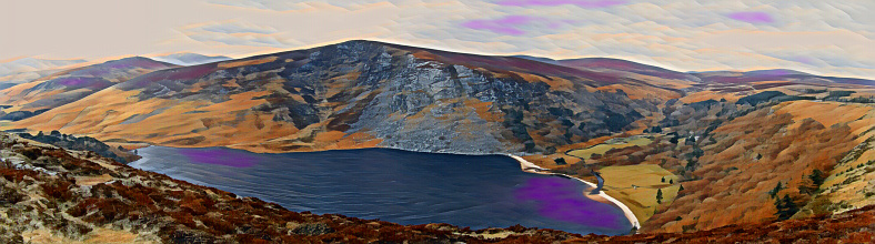Lough Tay, a lake in Ireland shaped like a pint of beer, or pint glass.  With mountains surrounding the lake and edited to look like an Illustration.