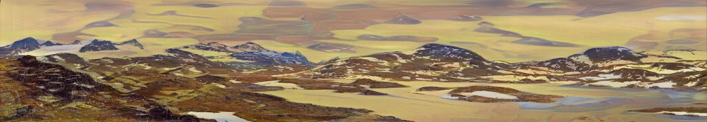 Panoramic View of Hardangervidda Norway, the roof of Norway, glaciers, and snow-covered.  Edited to create an illustration from a photo.
