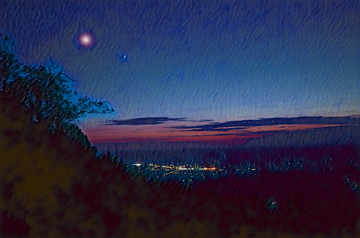Nightfall in Shenandoah national park with the town of Luray in the background.  Photo edited to become an Illustration.