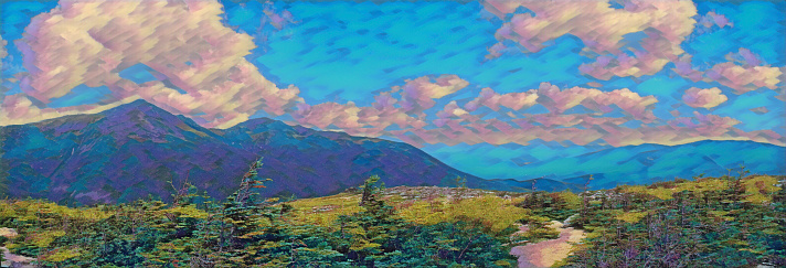 Digital painting of a dry stone wall cuts through the vista of green trees, fields and hills in the Peak District National park. The flat top of Shuttlingsloe can be seen in the distance.