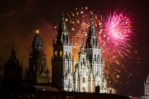 Santiago de Compostela, Spain. Fireworks display over the Cathedral of Saint James in honor of the Day of St James Apostle Festival 2022 in the capital of Galicia