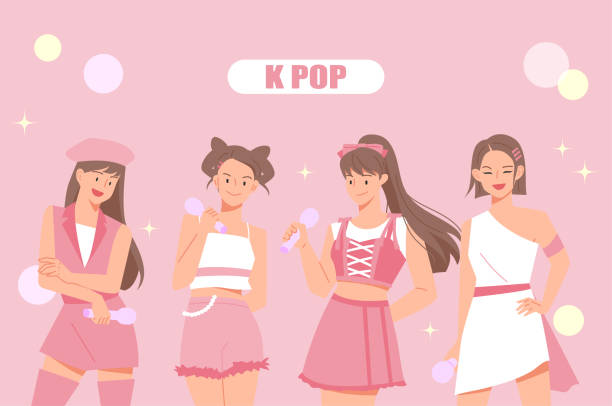 K pop girl group A group of female idols dressed in pink are standing in a lovely pose. flat design style vector illustration. k pop stock illustrations