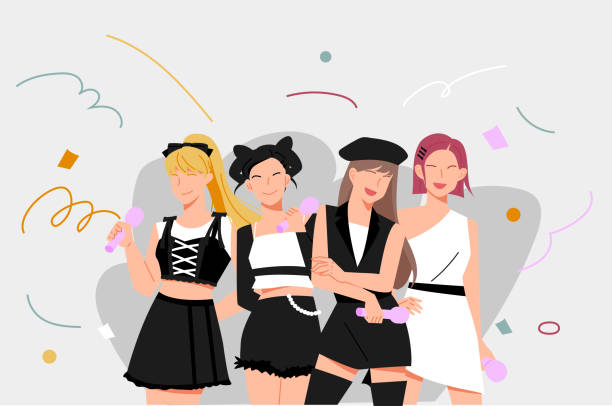 K pop girl group A black and white fashion style idol girl group. flat design style vector illustration. korea singer stock illustrations