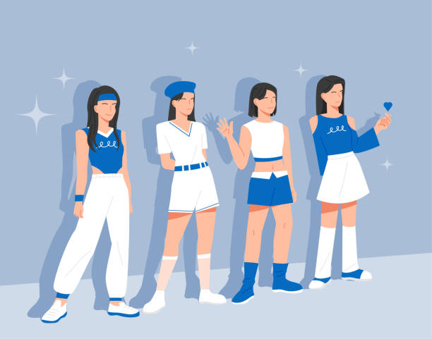K pop girl group A group of female idols dressed in blue is standing in a cool pose. flat design style vector illustration. korea singer stock illustrations