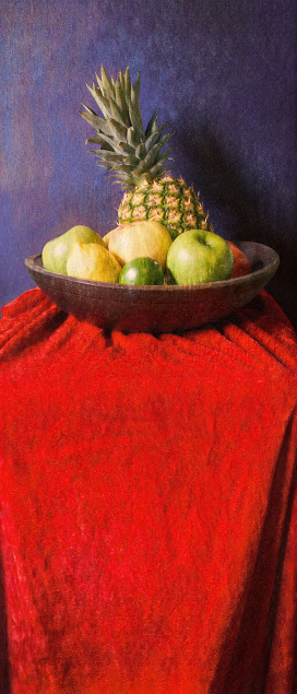 Wooden bowl willed with fruit with rich red velvet drape and dark blue background.  Done in oil painting style.