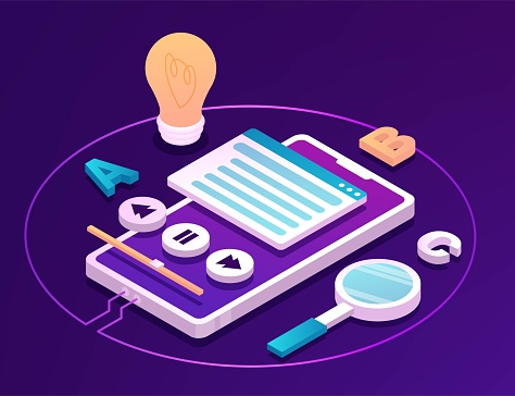 Application for online lectures. Digital learning by phone. Modern education with help of internet, development of thinking. Design element for banner. Cartoon isometric, 3d vector illustration