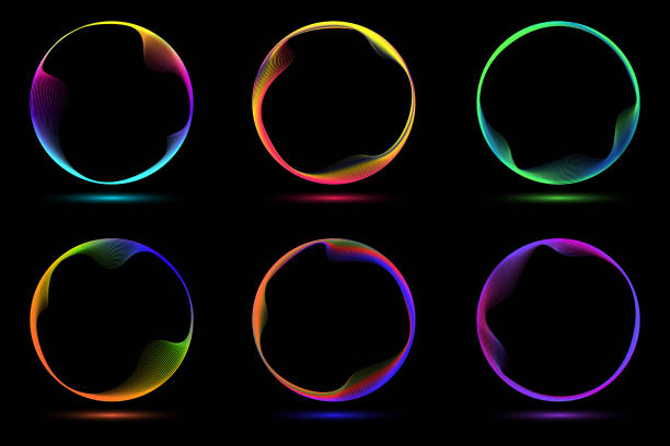 набор светящихся неоновых цветных кругов круглой кривой формы с волнистыми динамическими линиями, изолированными на черном фоне - искусственные эффекты stock illustrations