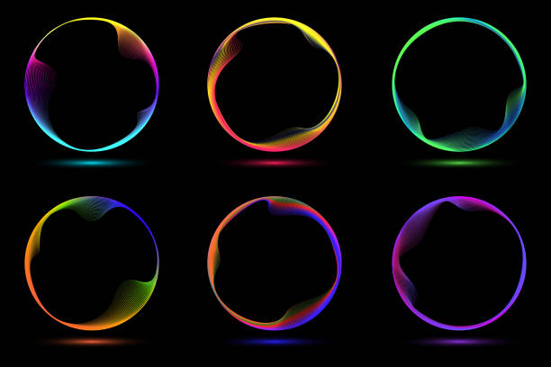 Set of glowing neon color circles round curve shape with wavy dynamic lines isolated on black background Set of glowing neon color circles round curve shape with wavy dynamic lines isolated on black background technology concept. Circular light frame border. You can use for badges, price tag, label, elements, banner , card, etc. Vector illustration jul illustrations stock illustrations