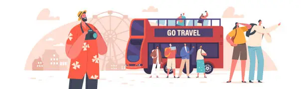 Vector illustration of Group Of Tourists Travel on Bus. Kids, Young And Senior Characters Visiting Sightseeing, People Near Red Double-decker