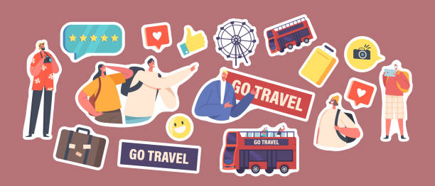 illustrazioni stock, clip art, cartoni animati e icone di tendenza di adesivi turisti viaggiano in autobus, personaggi in visita turistica, persone in abiti casual con zaino, doppio piano - trolley bus