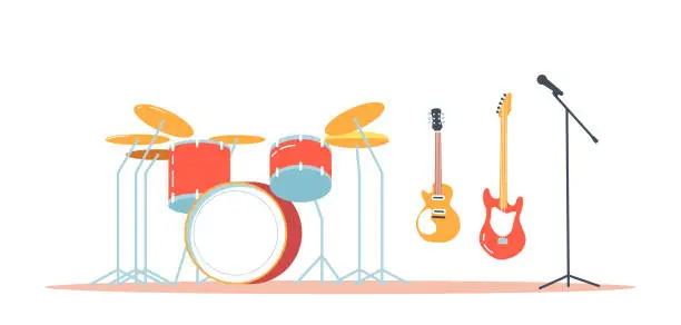 Vector illustration of Musical Instruments Drum Kit, Electric Guitars and Floor Microphone, Professional Equipment for Rock Music Band
