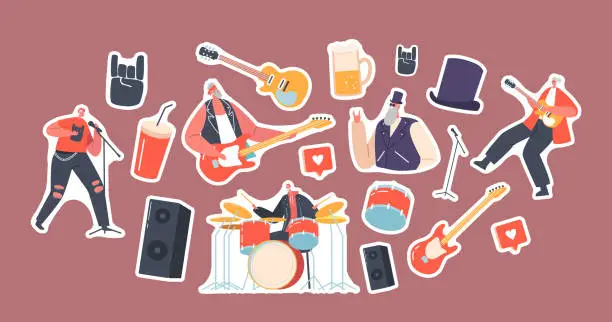 Vector illustration of Set of Stickers Seniors Rock Band, Pensioners Performing Music with Electric Guitars and Drum, Old Artists Rocking