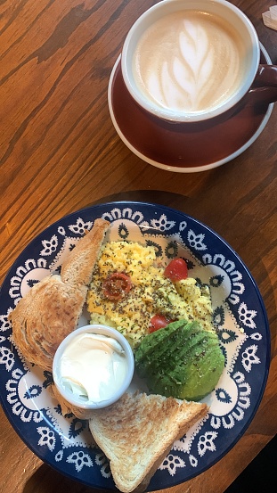 Breakfast with coffee, eggs, avocado and bread