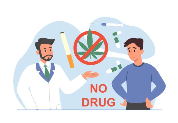 No use drugs No use drugs. Doctor explains to person about dangers of hallucinogenic substances. Fighting addictions. Pills, injections, cigarettes and marijuana sprouts. Cartoon flat vector illustration stop narcotics stock illustrations