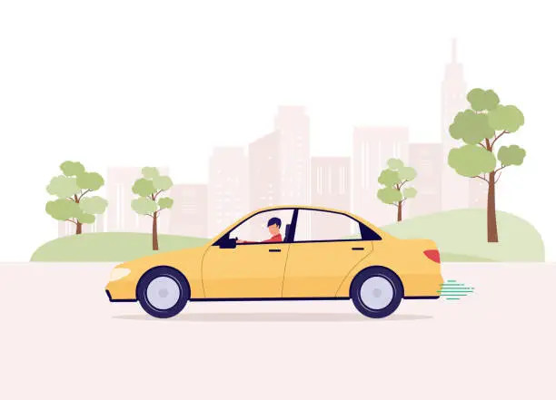 Vector illustration of Man Driving A Car On Road At The City.