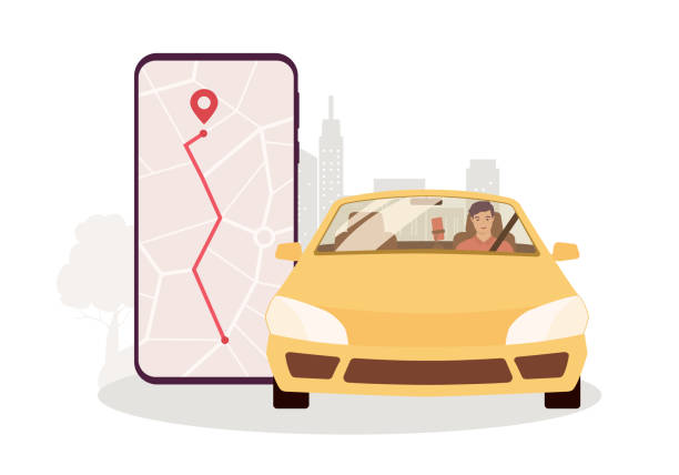 male driver driving his car using mobile phone with map. - taksi stock illustrations