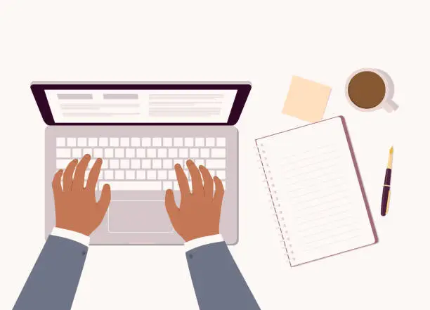 Vector illustration of Black Male’s Hand Typing On Laptop Keyboard With Stationary Items And Coffee Laying On Table Top.