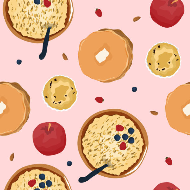 ilustraciones, imágenes clip art, dibujos animados e iconos de stock de patrón sin costuras desayuno comida pastel de frutas gachas - breakfast pancake oatmeal muffin