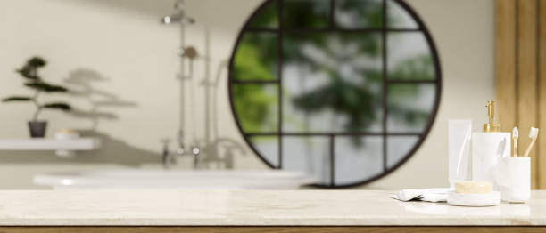 istock Luxury elegance marble bathroom tabletop with copy space over blurred modern bathroom 1410731666