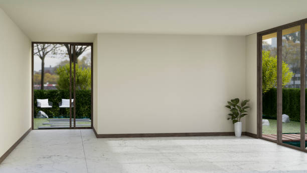 istock Modern minimal empty living room interior design with white marble floor and white wall 1410732683