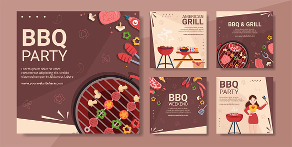 BBQ or Barbecue Social Media Post Template Flat Cartoon Background Vector Illustration
